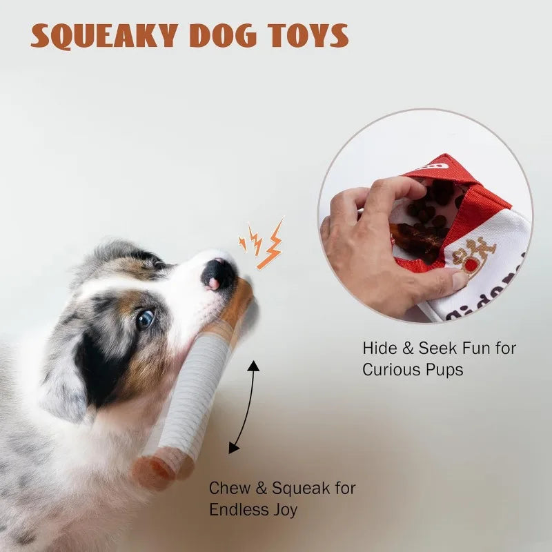 Funny cigarette pack plush dog toy held by a cute puppy