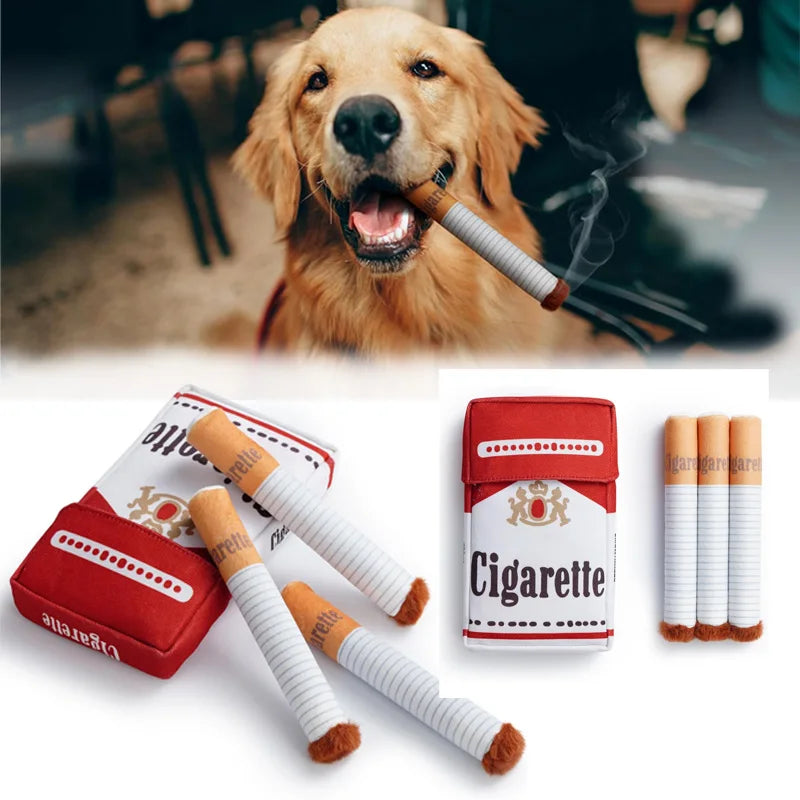 Funny cigarette pack plush dog toy held by a cute puppy