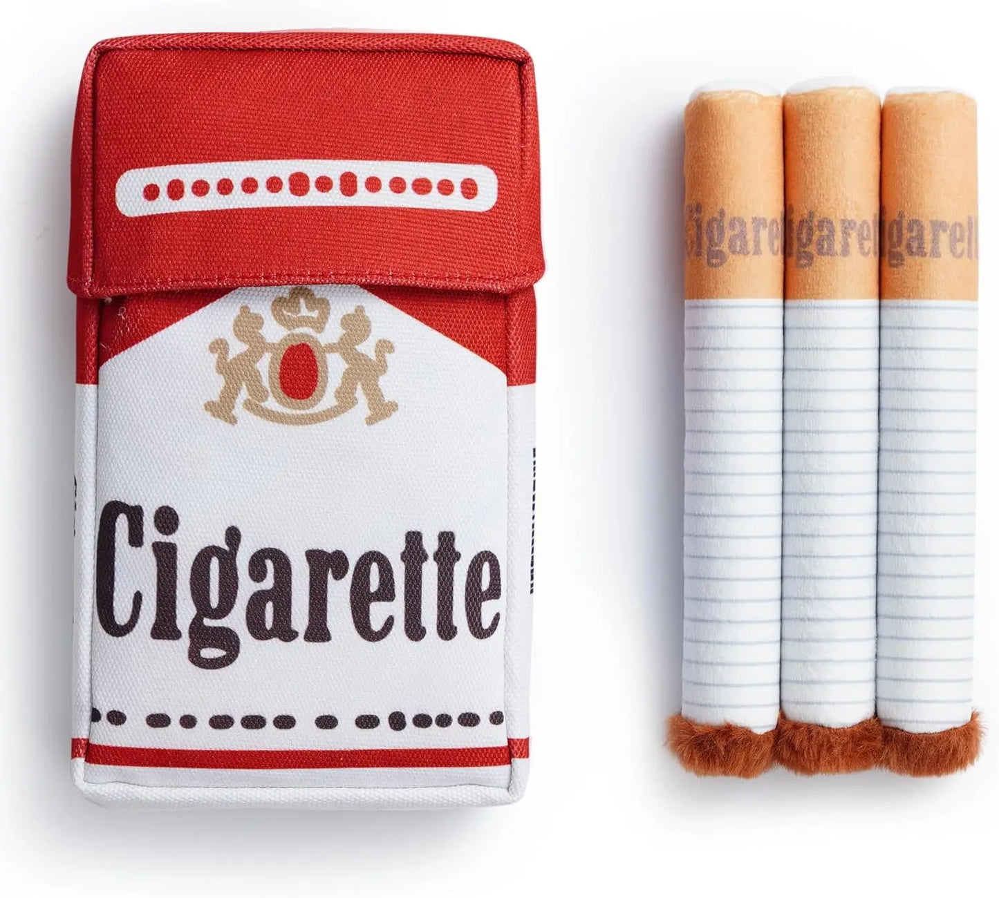 Funny cigarette pack plush dog toy held by a cute puppy