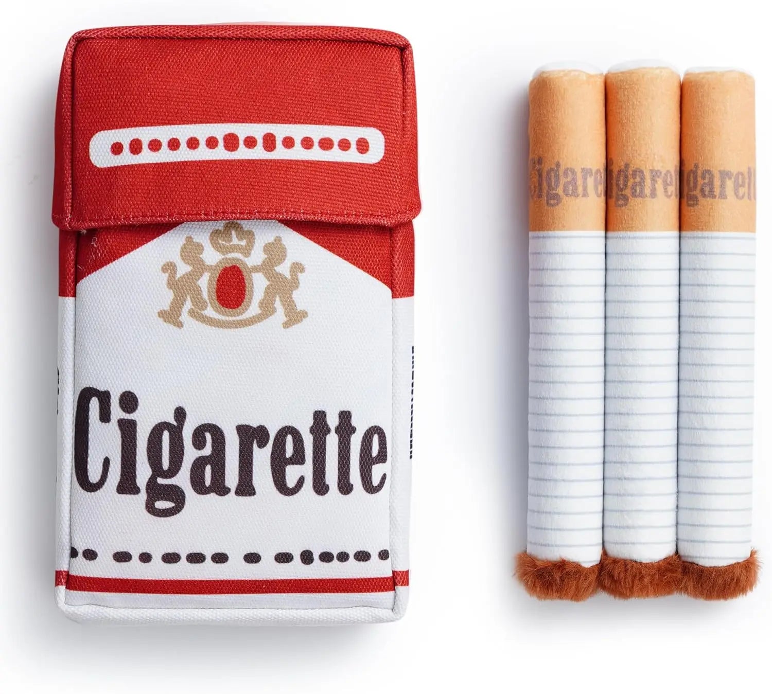 Funny cigarette pack plush dog toy held by a cute puppy