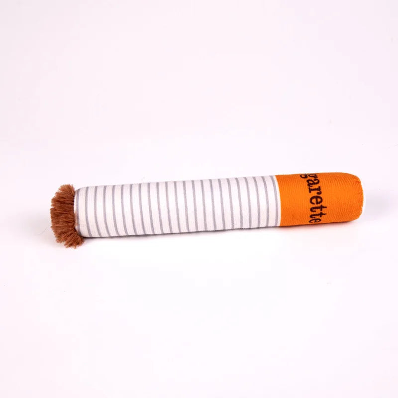 Funny cigarette pack plush dog toy held by a cute puppy