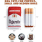 Funny cigarette pack plush dog toy held by a cute puppy