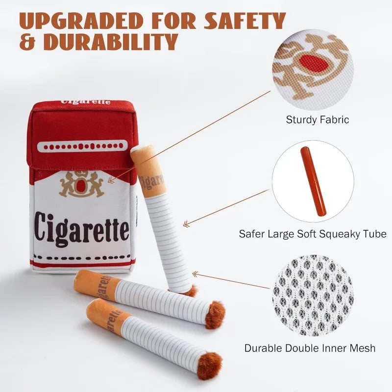 Funny cigarette pack plush dog toy held by a cute puppy