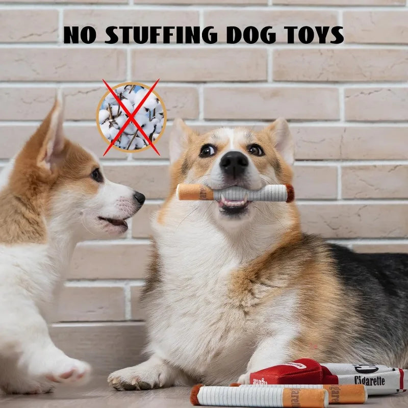 Funny cigarette pack plush dog toy held by a cute puppy