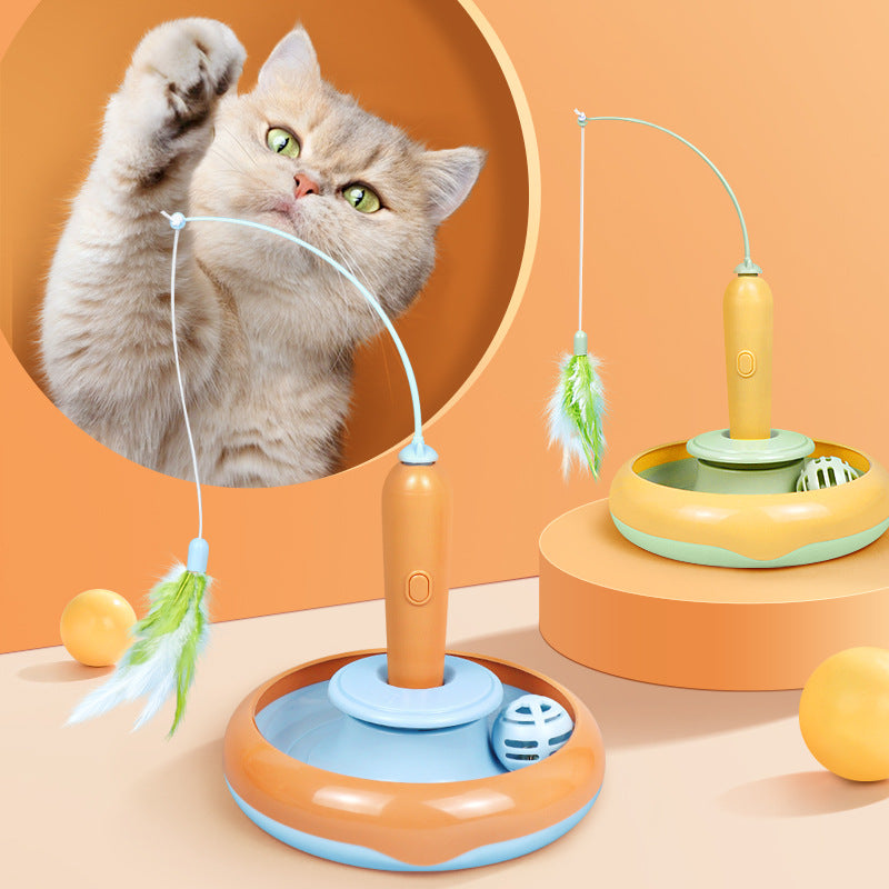 2-in-1 Interactive Cat Toy | Feather Turntable Self-Play Pet Toy